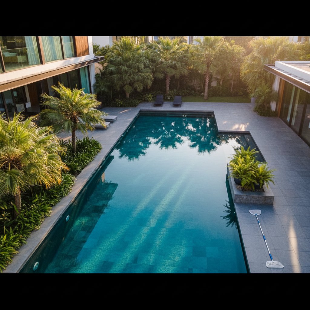 Private swimming pool with clear water showing maintenance equipment and chemical testing kit